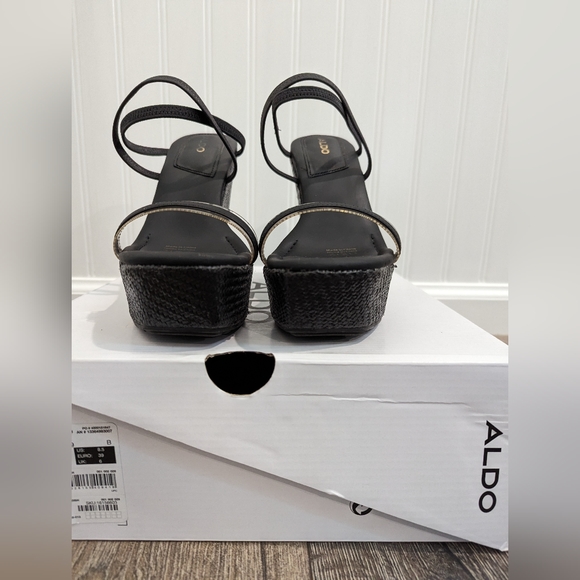 Aldo Size 8.5 Black Wedge Strappy Sandals Woven Platform Bodish - Picture 4 of 9